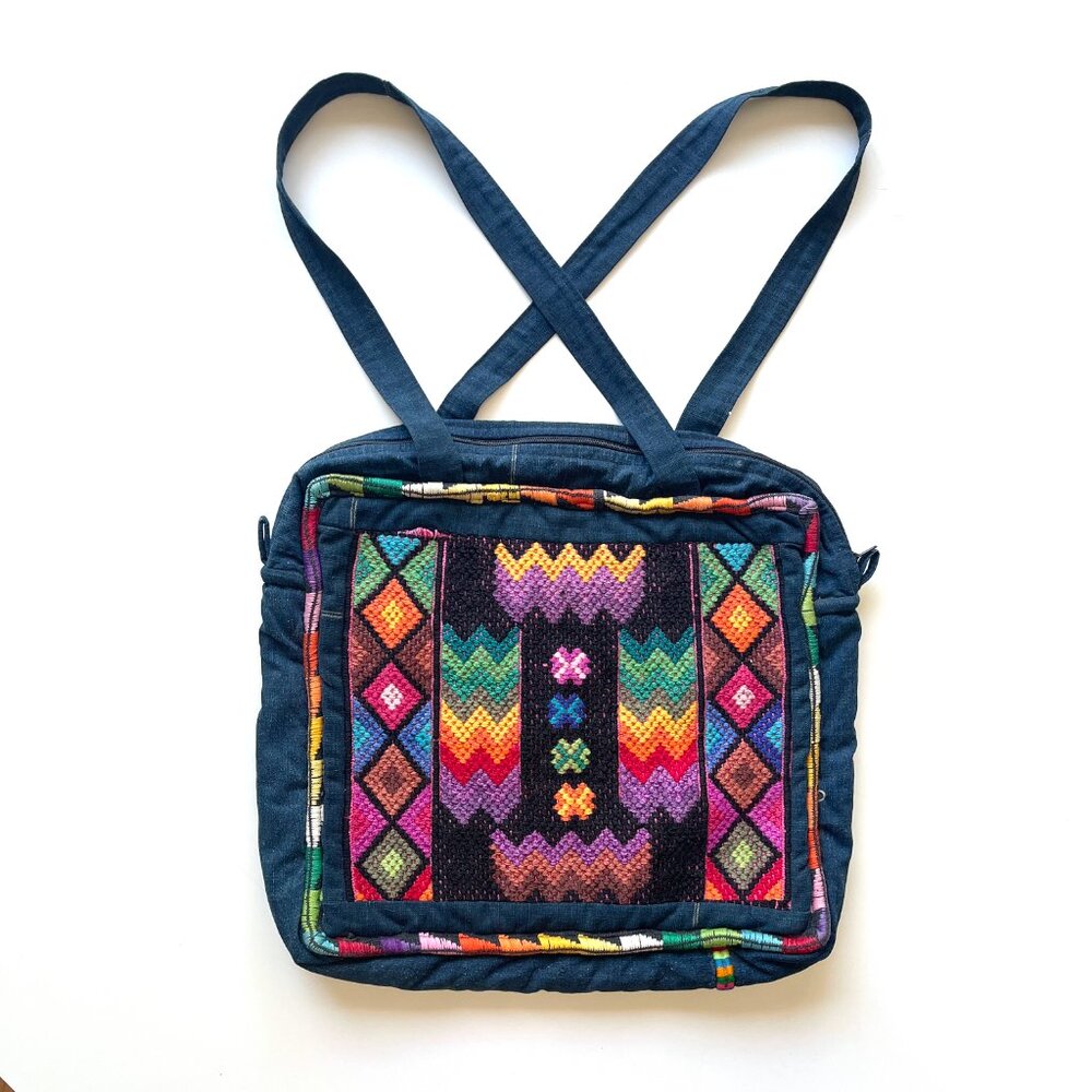 Vintage Embroidered Geometric Cotton Denim Shoulder Bag Purse